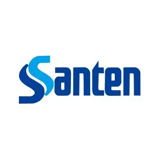 A blue and white logo of santen